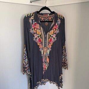Johnny Was Charcoal Tunic with Multicolor Embroidery